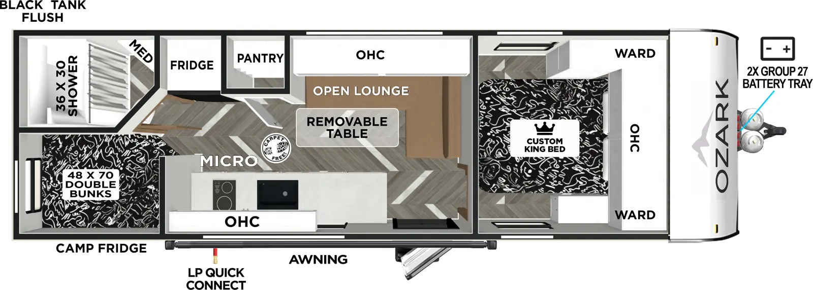 The Ozark 2400BHLE floorplan has one entry and zero slide outs. Exterior features include: fiberglass exterior. Interiors features include: bunk beds and front bedroom.